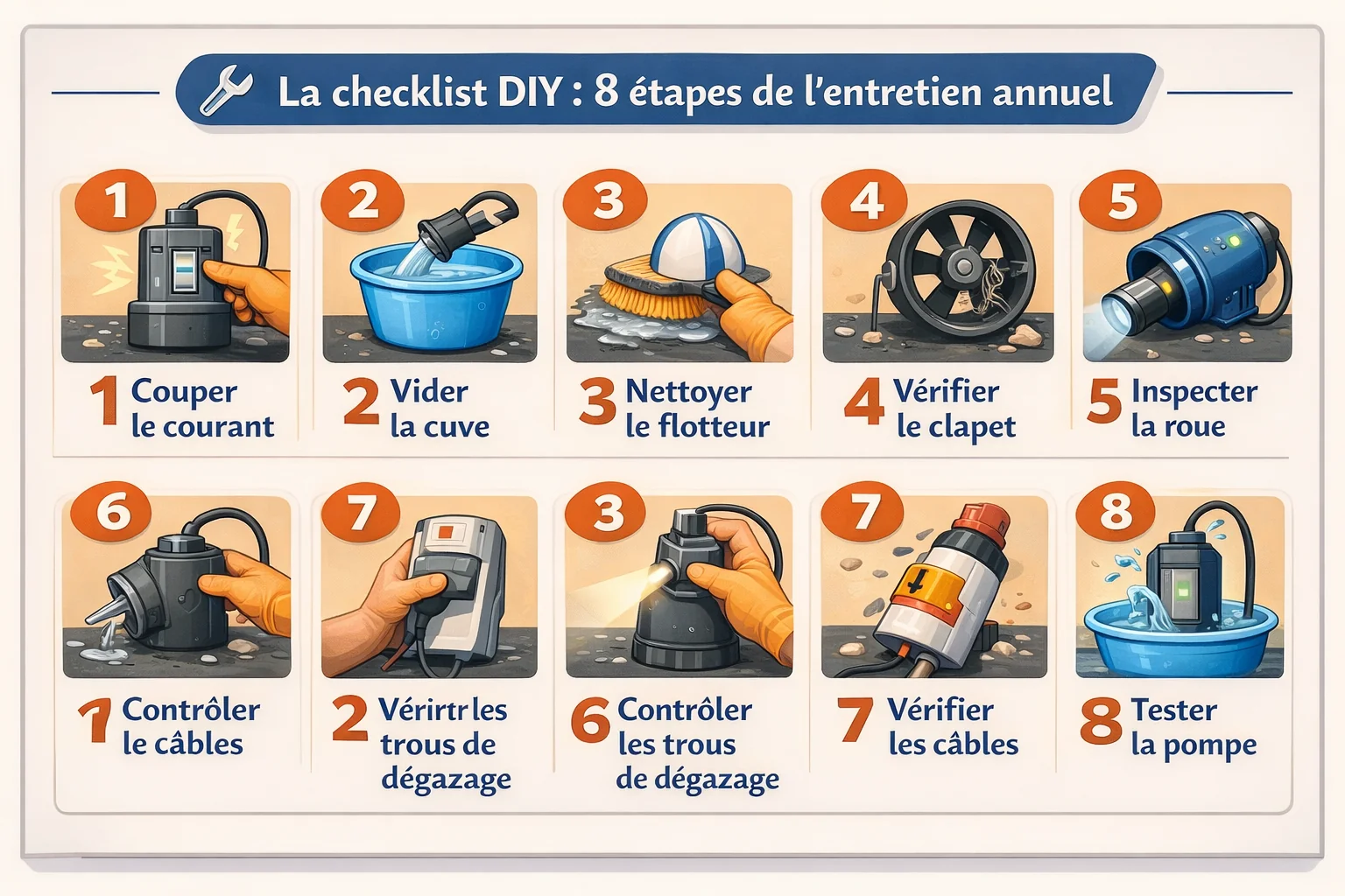 Infographie checklist en 8 étapes pour l’entretien annuel d’une pompe de relevage : couper le courant, vider la cuve, nettoyer le flotteur, vérifier le clapet, inspecter la roue, contrôler le dégazage, vérifier les câbles, tester la pompe.