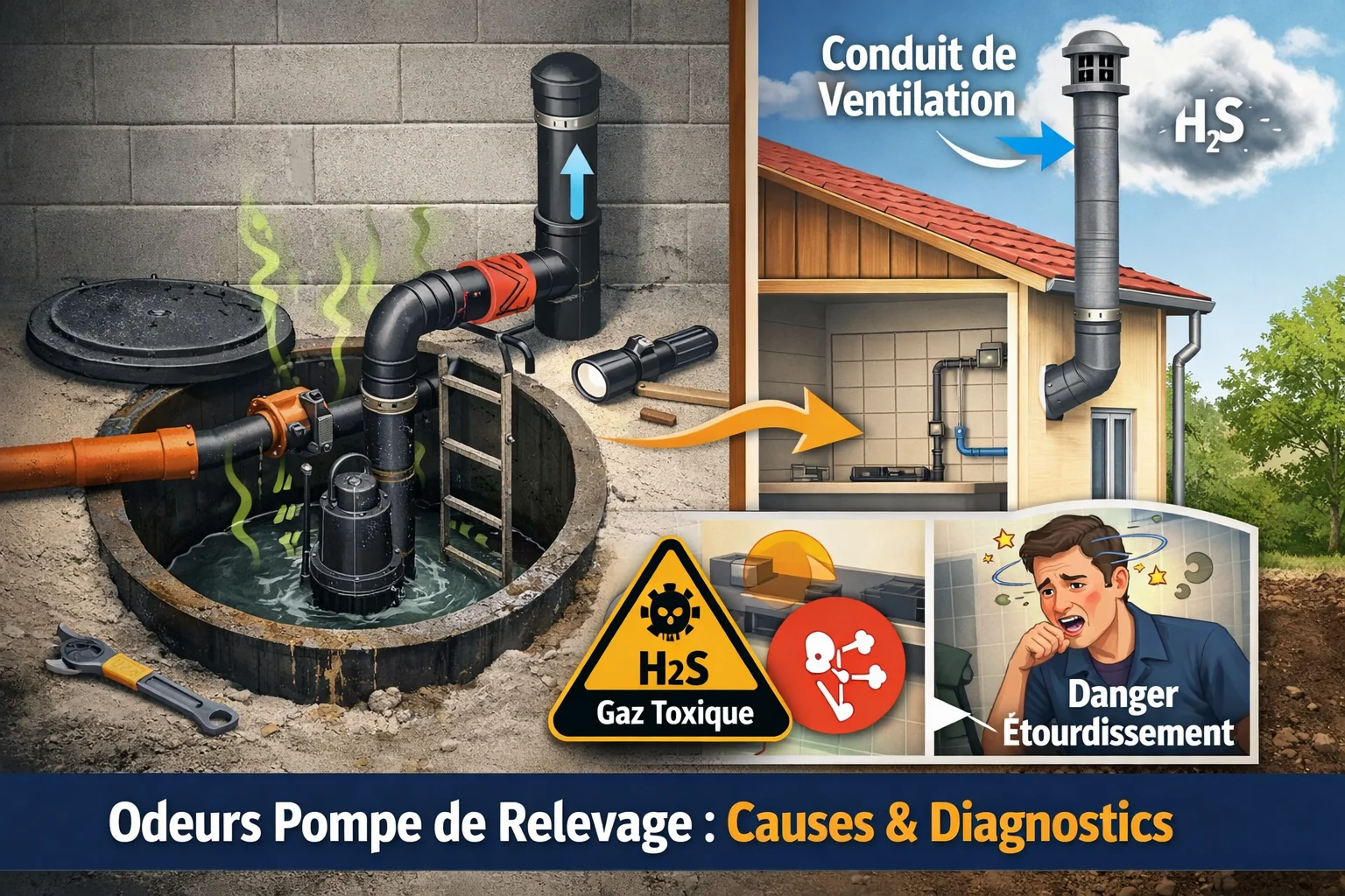 Poste de relevage ouvert avec conduite de ventilation – diagnostic odeurs pompe de relevage