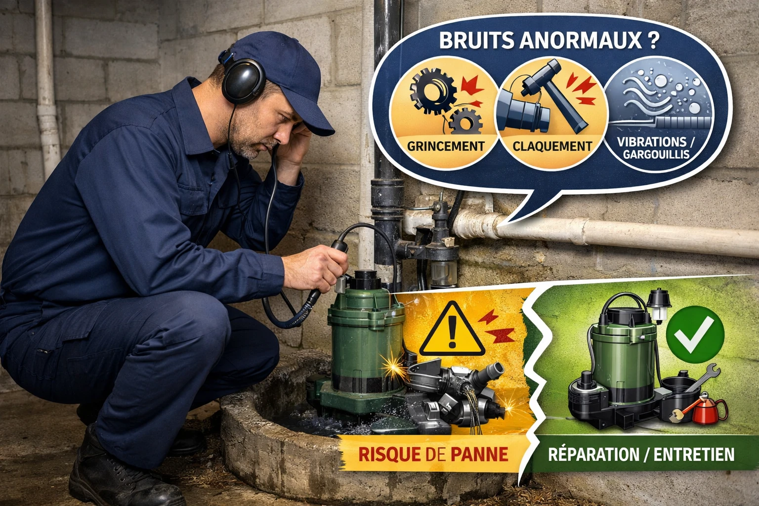 Technicien diagnostiquant un bruit anormal sur une pompe de relevage en sous-sol
