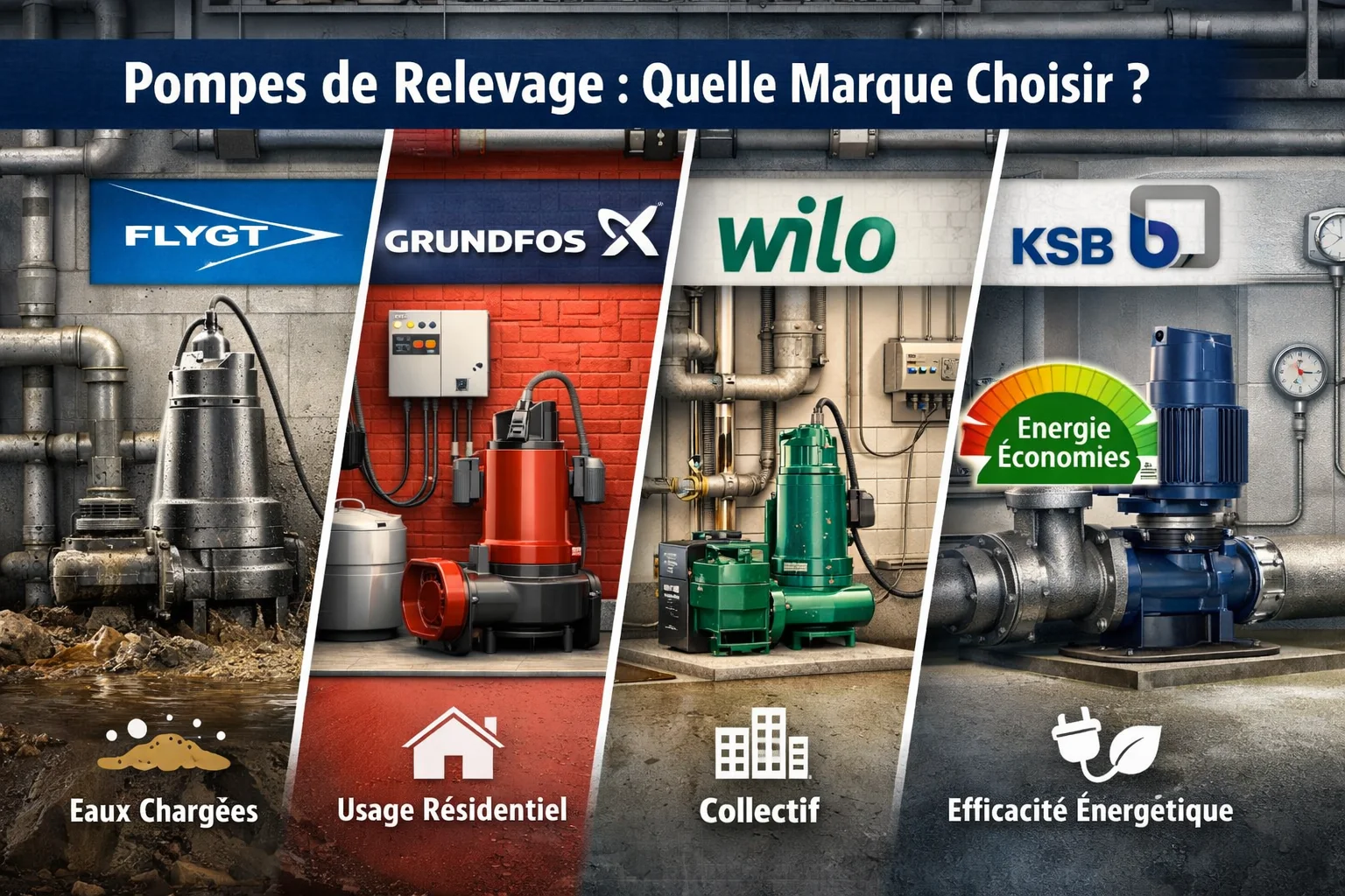 Comparatif des marques de pompes de relevage installées en maison, immeuble et station technique