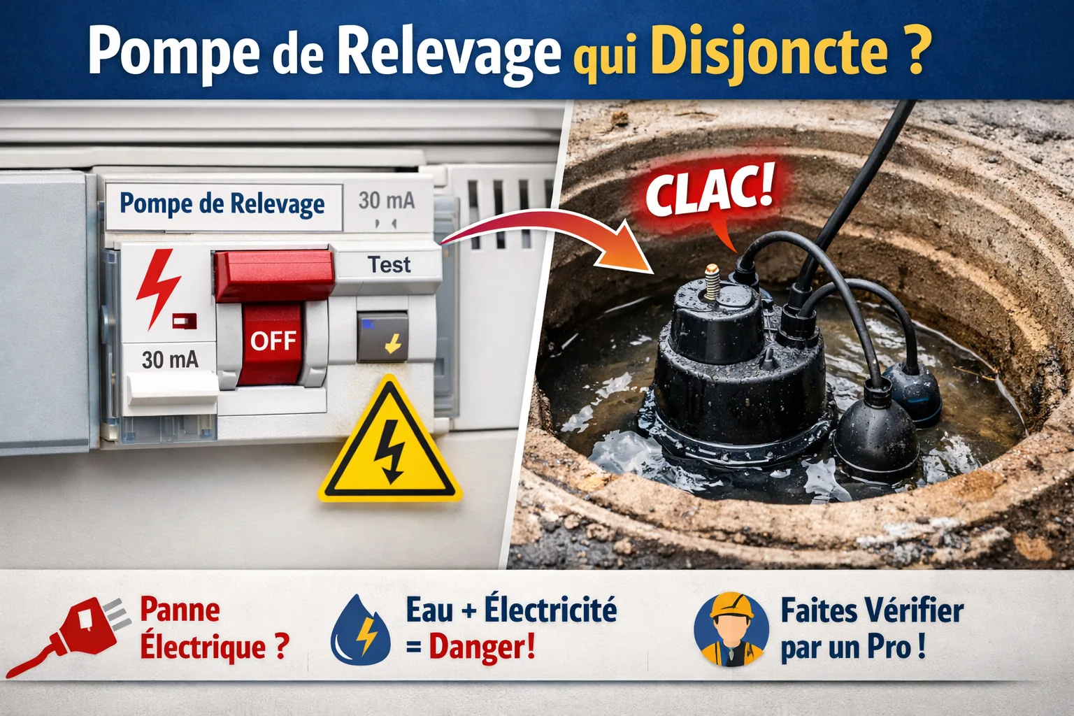 Disjoncteur dédié pompe de relevage en position déclenchée sur un tableau électrique
