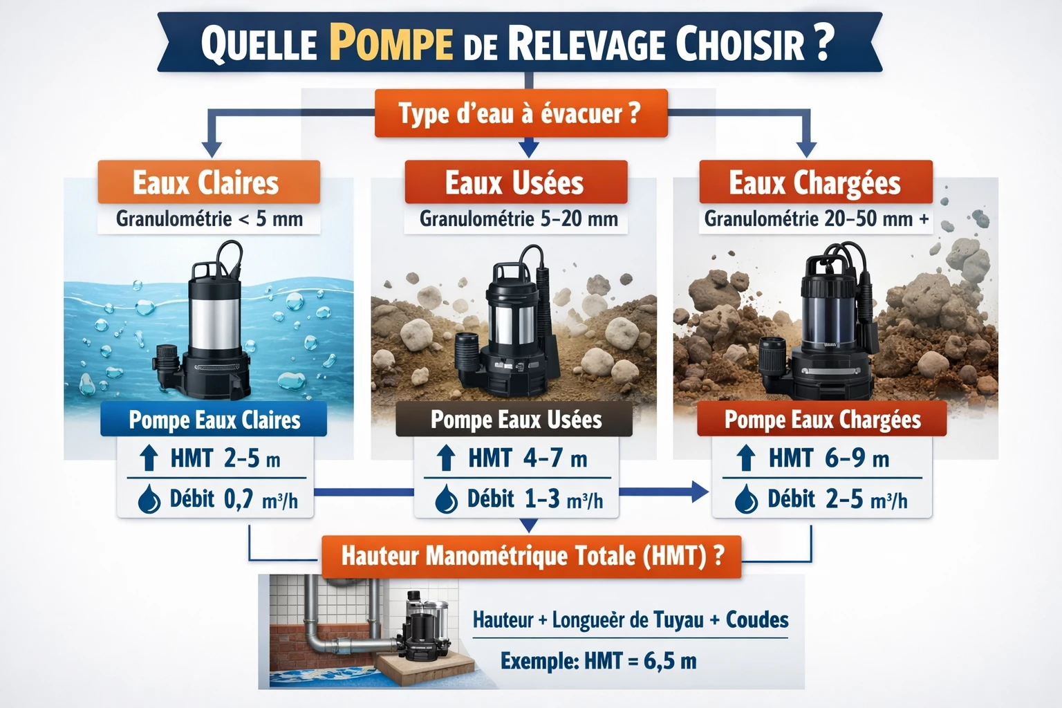 Arbre de décision pour choisir une pompe de relevage selon le type d'eau et la hauteur manométrique