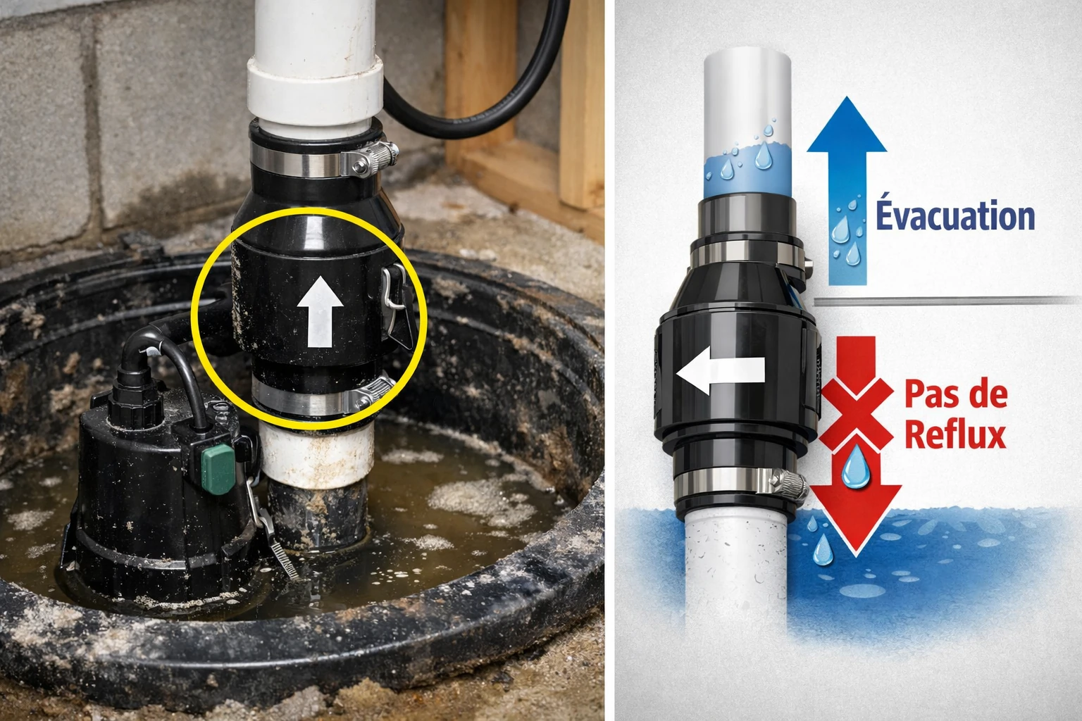 Clapet anti-retour à boule sur pompe de relevage eaux usées — sens de montage et flèche directionnelle