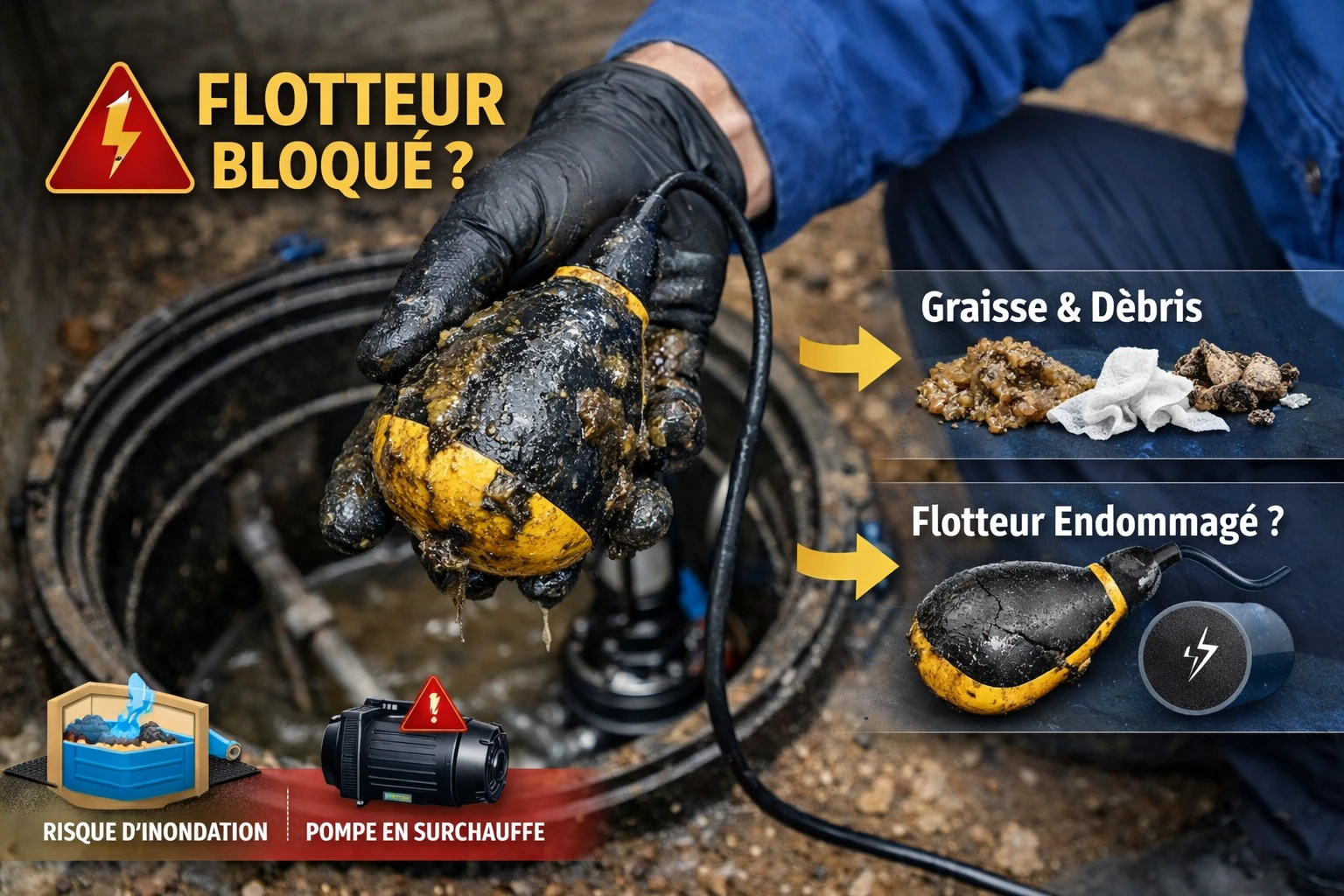 Flotteur de pompe de relevage bloqué par des graisses dans une cuve – diagnostic avant nettoyage ou remplacement