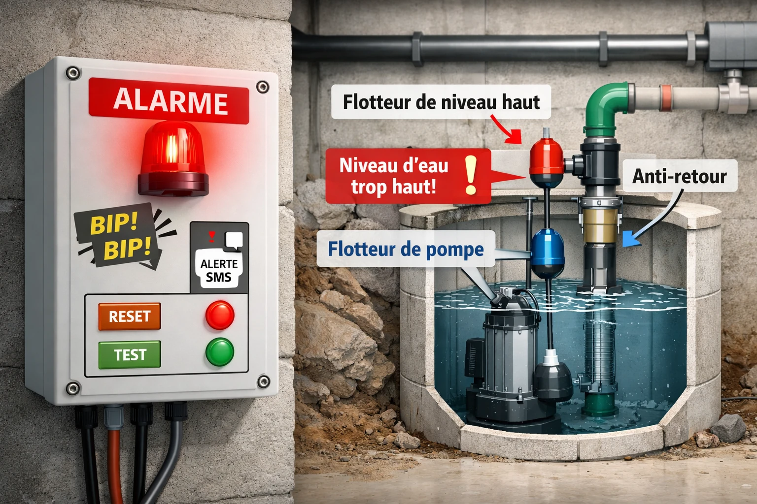 Boîtier alarme pompe de relevage avec voyant rouge allumé indiquant un niveau haut dans la cuve