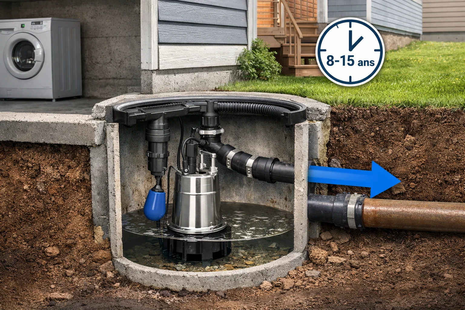 Pompe de relevage submersible installée dans une cuve enterrée — durée de vie 8 à 15 ans