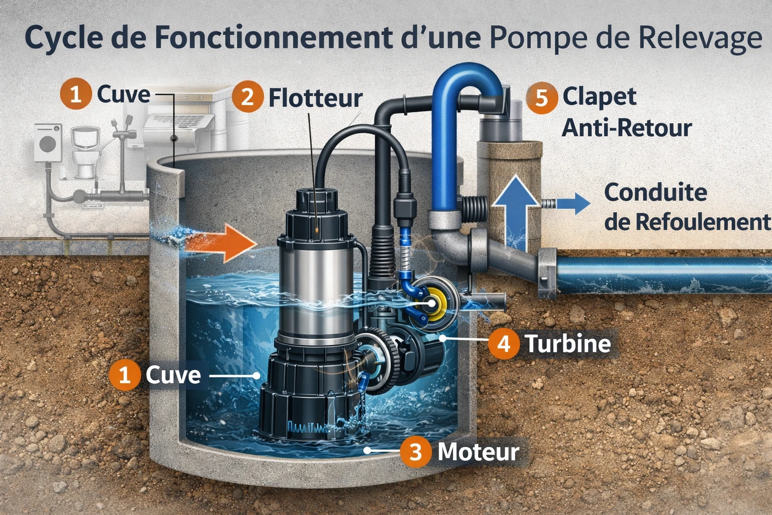 Schéma du fonctionnement d'une pompe de relevage : cuve, flotteur, moteur, turbine et clapet anti-retour