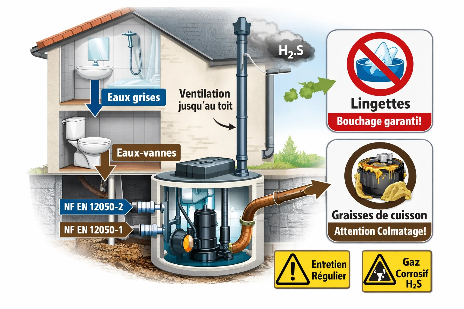 Pompe de relevage eaux usées : schéma comparatif roue vortex, monocanale et dilacératrice