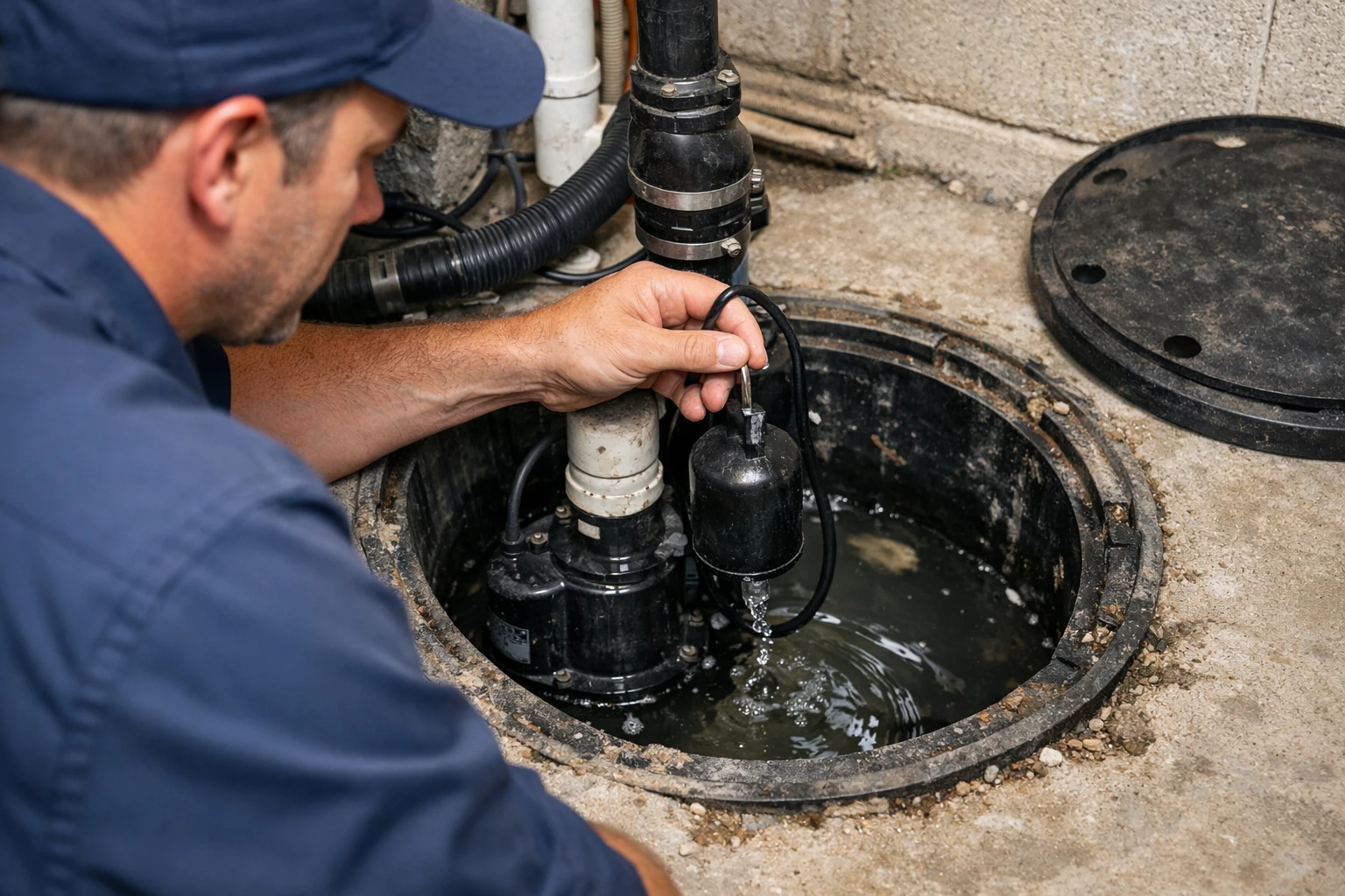 Inspection du flotteur d'une pompe de relevage en Île-de-France — vérification position haute