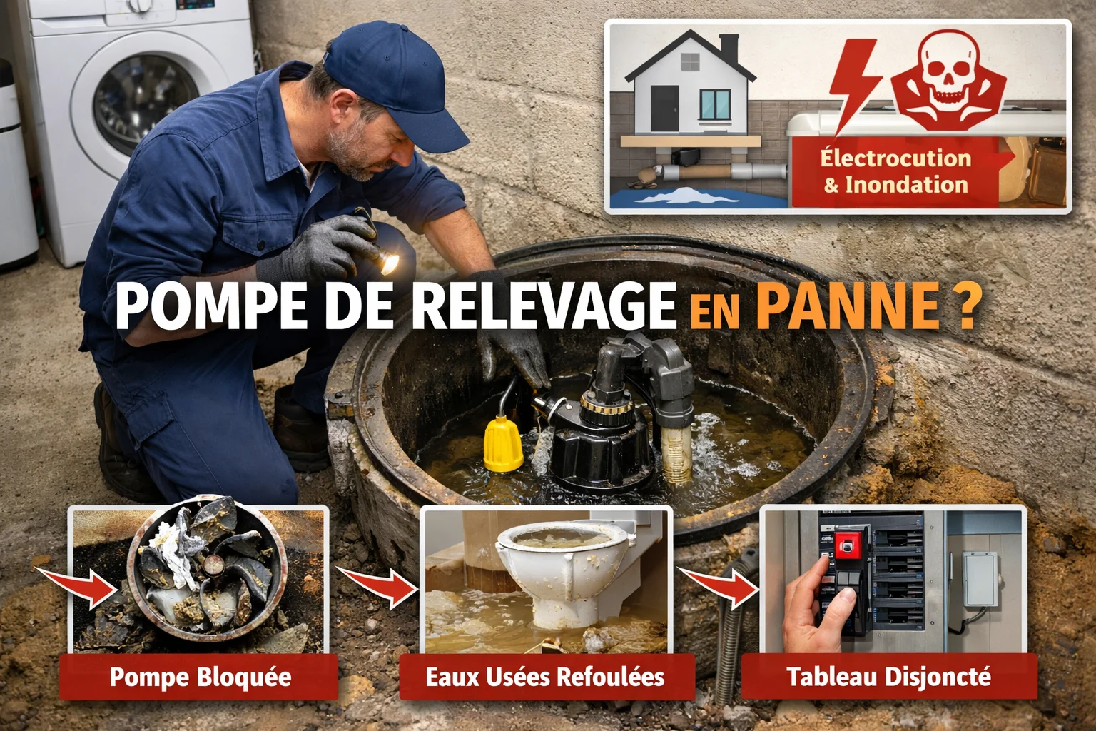 Diagnostic d’une pompe de relevage domestique en panne avec flotteur visible dans cuve d’assainissement