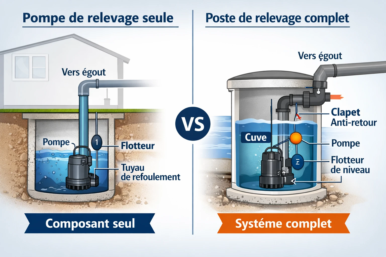Schéma comparatif pompe de relevage seule à gauche et poste de relevage complet avec cuve, flotteur et clapet à droite