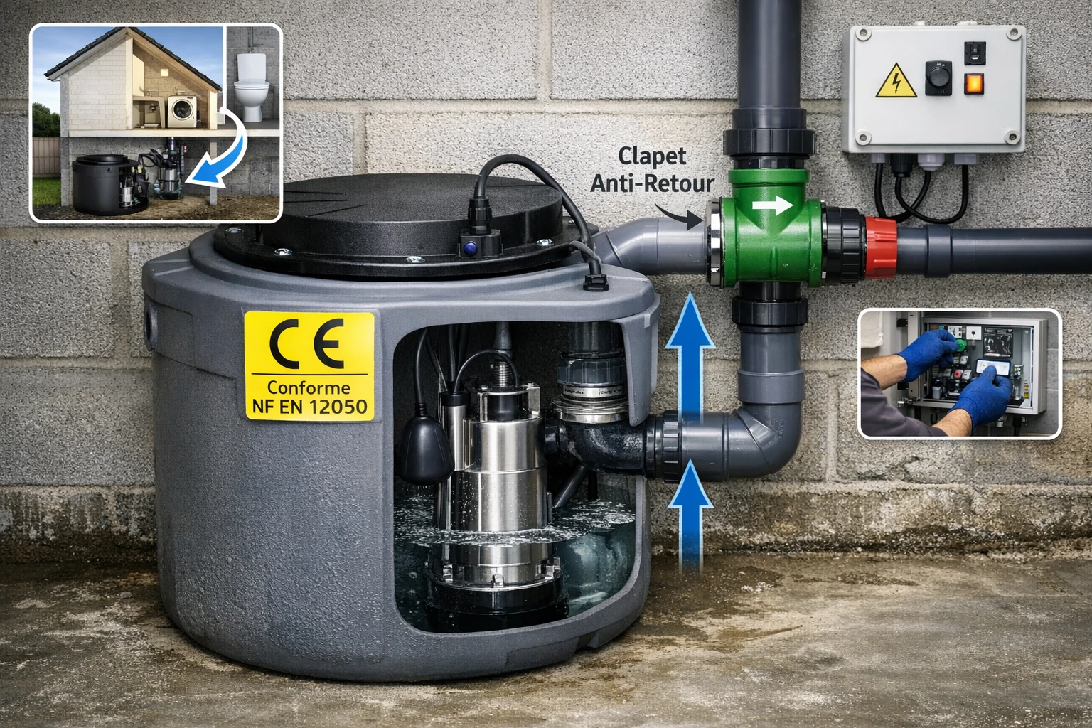 Poste de relevage conforme à la norme NF EN 12050 installé en sous-sol avec pompe submersible et clapet anti-retour