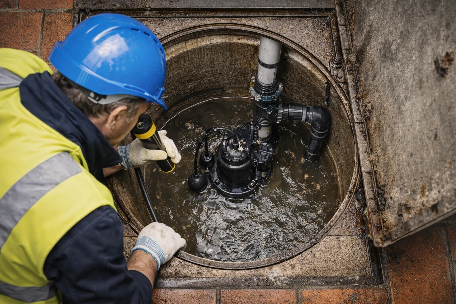 Technicien vérifiant une pompe de relevage dans un poste ouvert — erreurs courantes à éviter