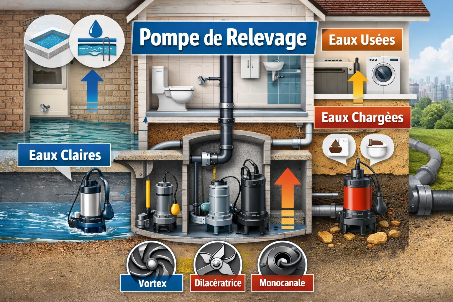 Types de pompe de relevage : eaux claires, usées ou chargées ? Vérifiez avant la panne