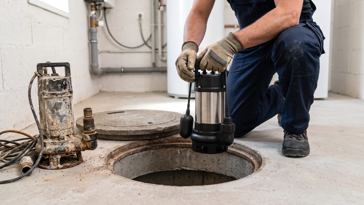 Un technicien en gants de travail installe une pompe de relevage neuve dans une cuve en béton ouverte dans un sous-sol, à côté de l'ancienne pompe usée et du couvercle déposé au sol.