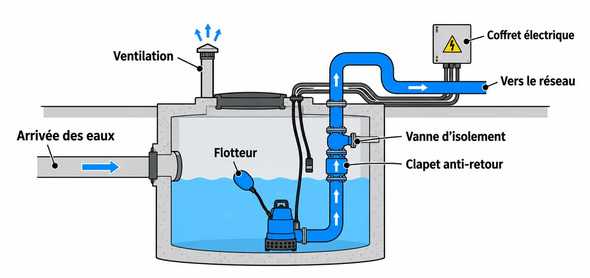 Coupe d’une cuve de relevage montrant l’arrivée des eaux usées, la pompe immergée, le flotteur, le clapet anti-retour et le refoulement vers le réseau, avec ventilation et coffret électrique.